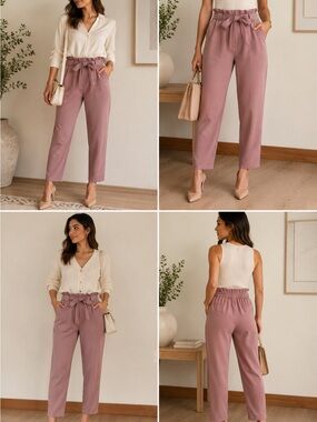 Grace Karin Mauve Paperbag Waist Straight Leg Pants with Tie